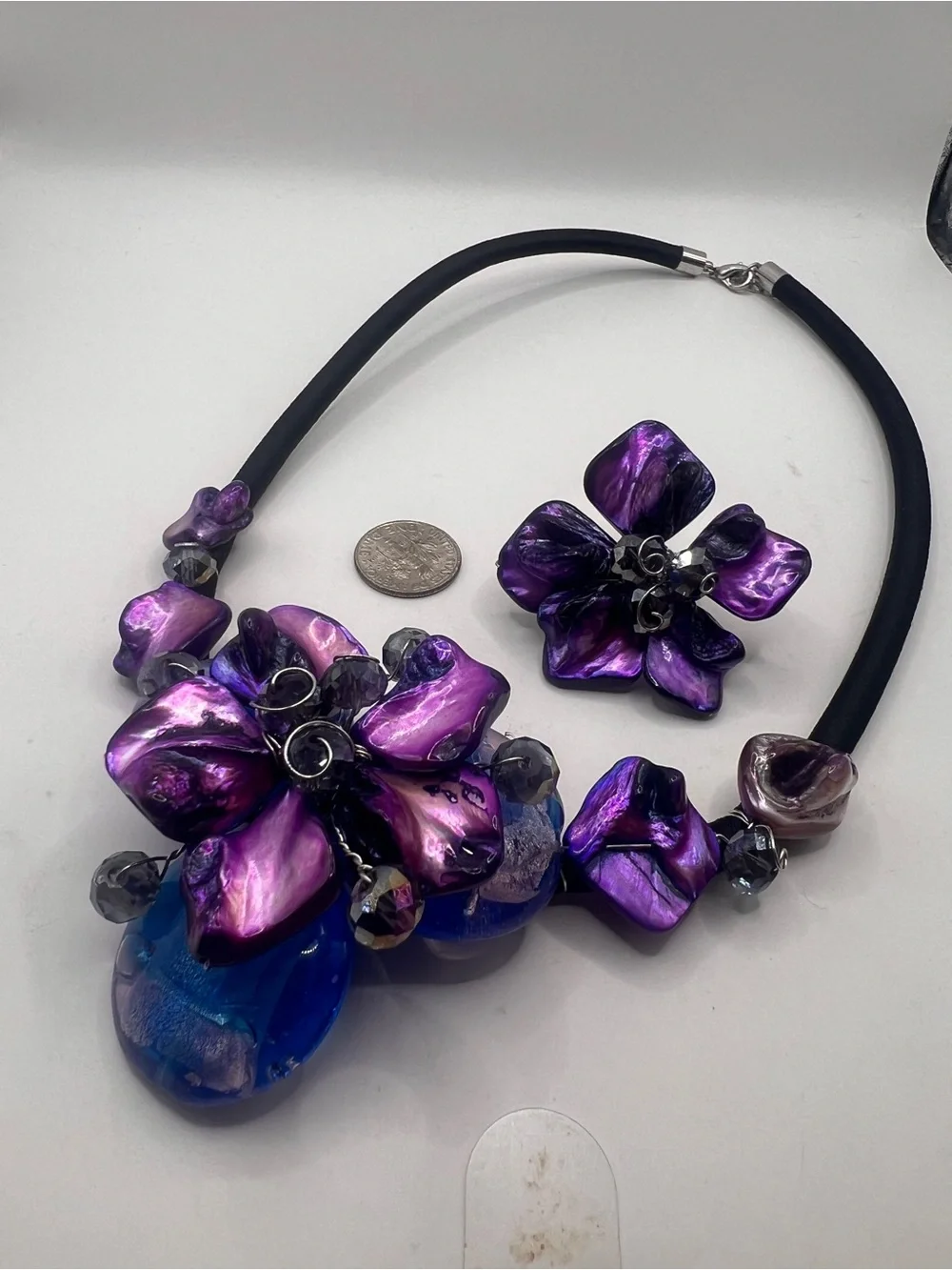 Purple and Blue Floral statement necklace and Ring